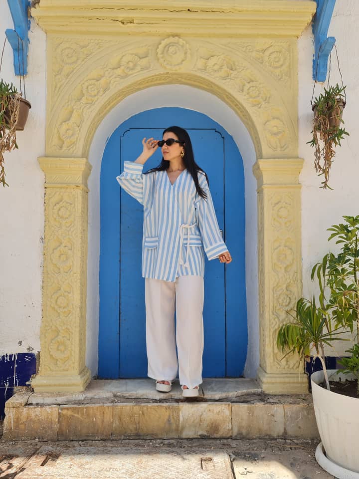 Ensemble Kimono Rayé en Lin bleu