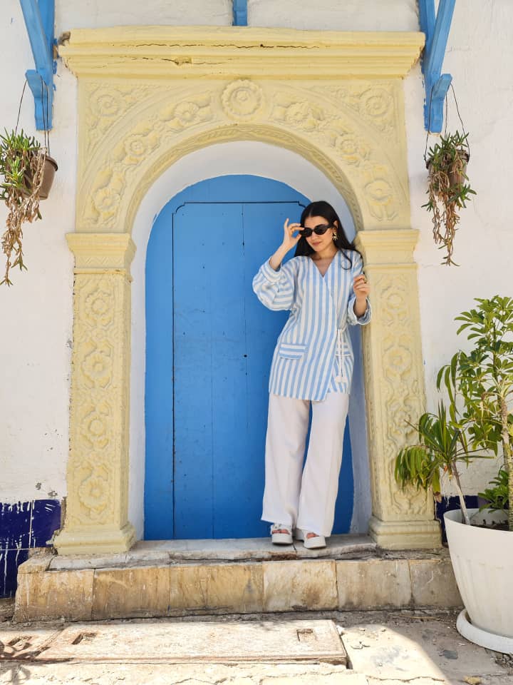 Ensemble Kimono Rayé en Lin bleu