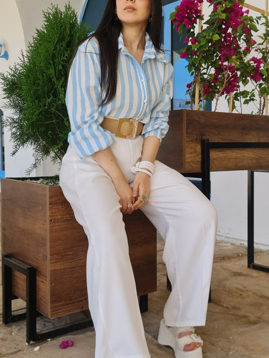 Ensemble pantalon chemise rayée en lin
