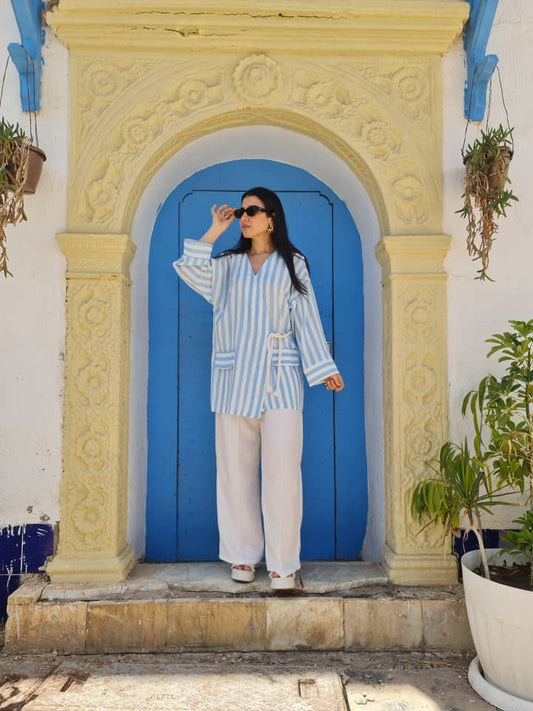 Ensemble Kimono Rayé en Lin bleu