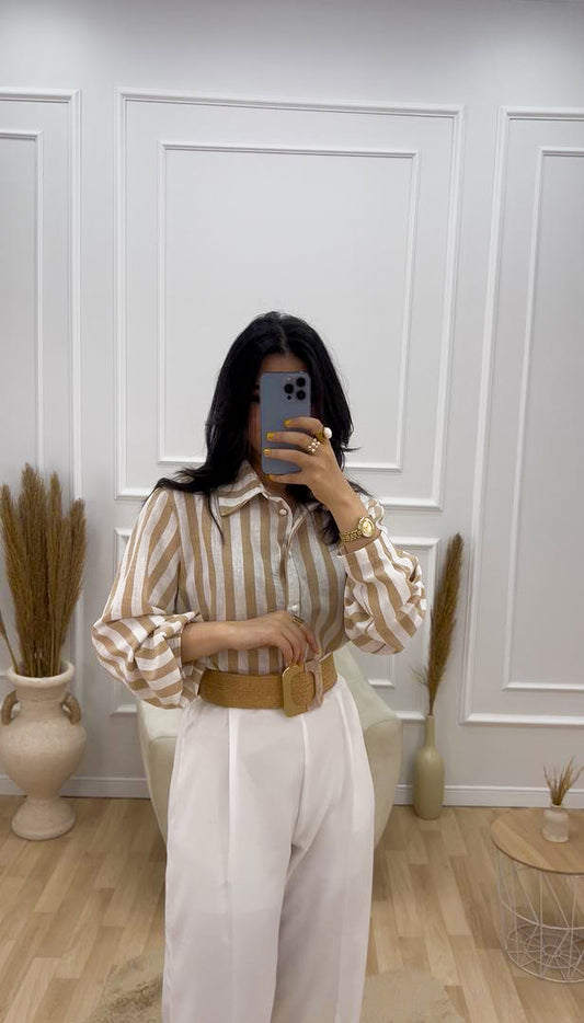 ensemble chemise en lin beige et pantalon carrée